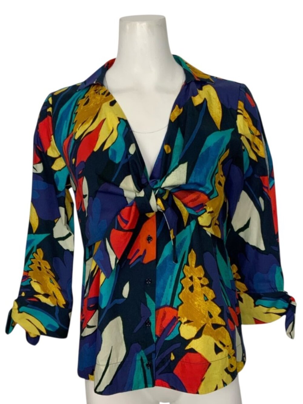 Uterque Bows And Coloured Brushstroke Print Blouse S 26 Tie Front